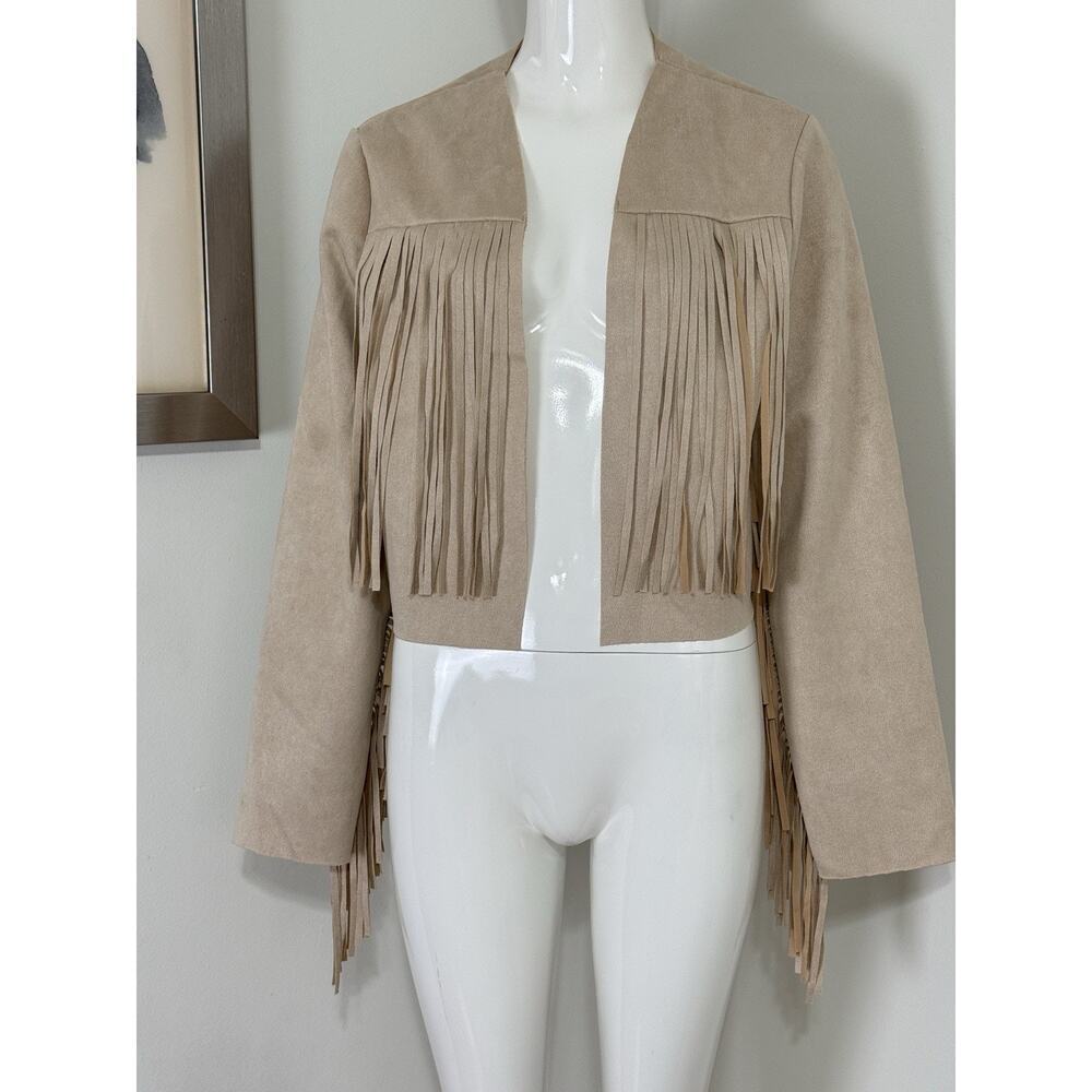 Women’s Boho Western Fringe Faux Suede Jacket Beige Festival Cowgirl Size L - Picture 4 of 13